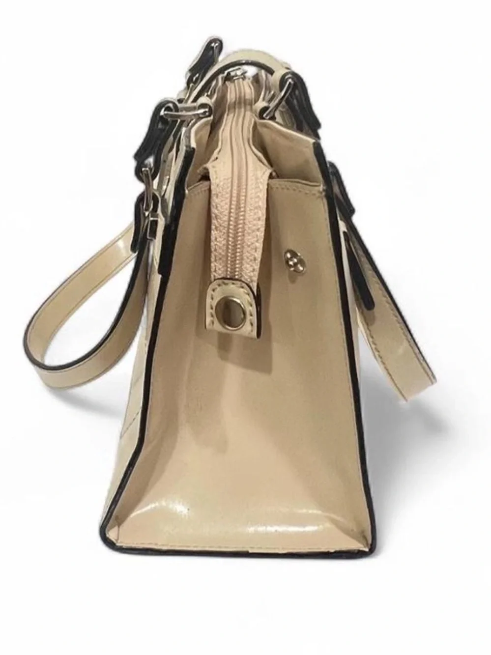 Guess Beige Patent Leather Satchel with Silver Hardware